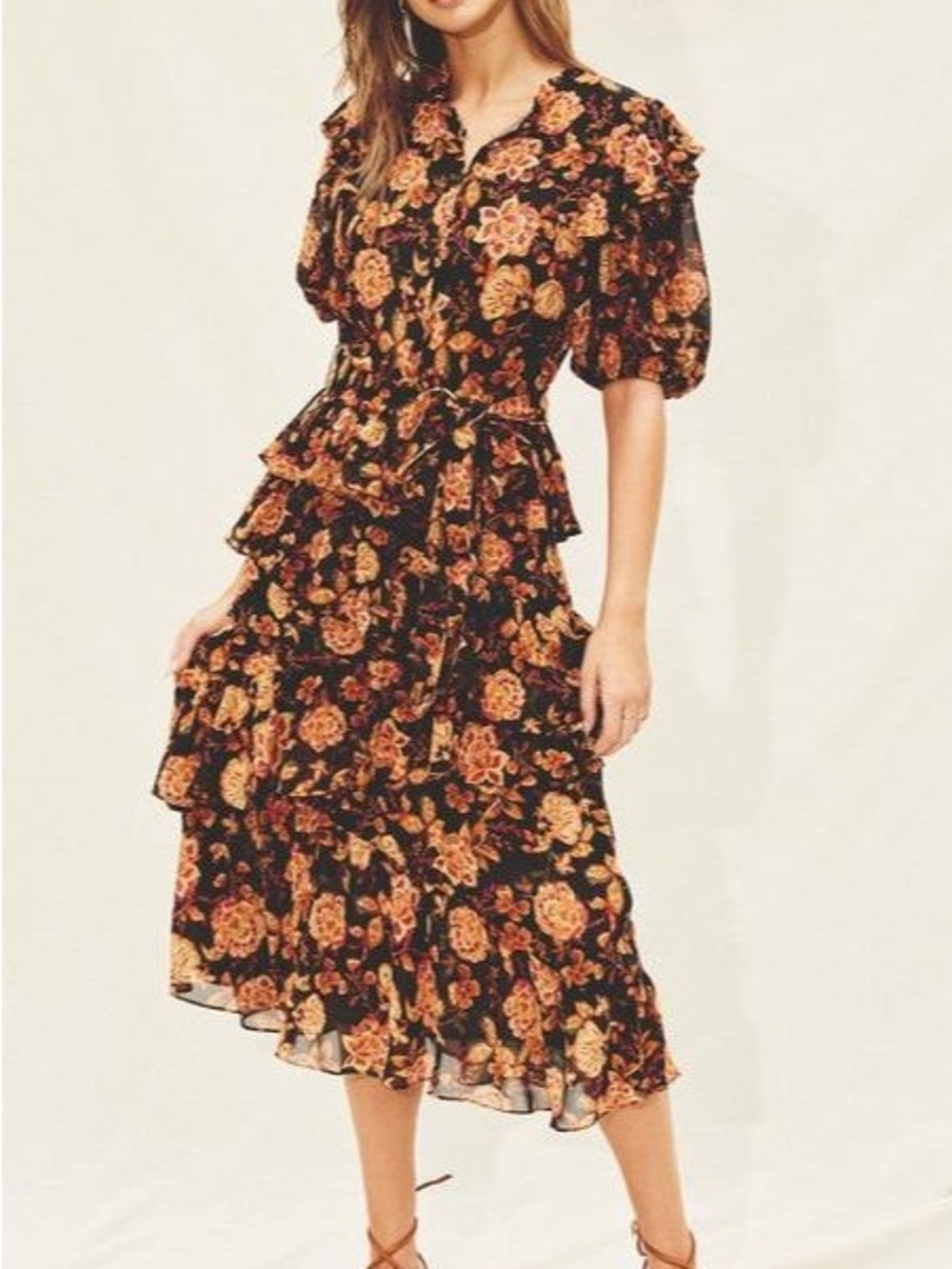 Dress Forum Fall Floral Ruffle Midi Dress with Orange Print
